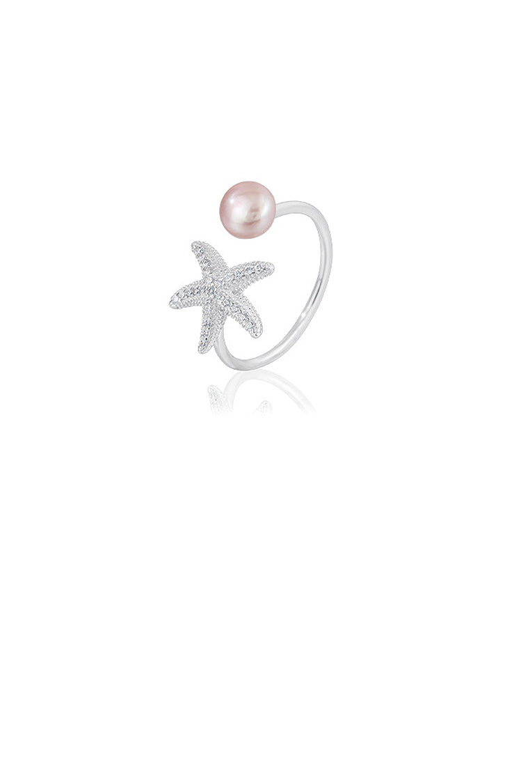 925 Sterling Silver Fashion Temperament Starfish Purple Freshwater Pearl Adjustable Open Ring with Cubic Zirconia - Luxurious Look