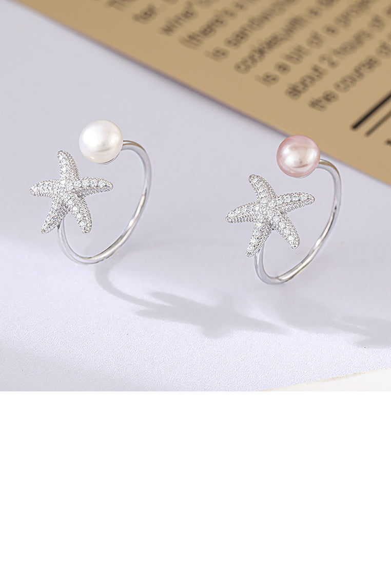 925 Sterling Silver Fashion Temperament Starfish Purple Freshwater Pearl Adjustable Open Ring with Cubic Zirconia - Luxurious Look