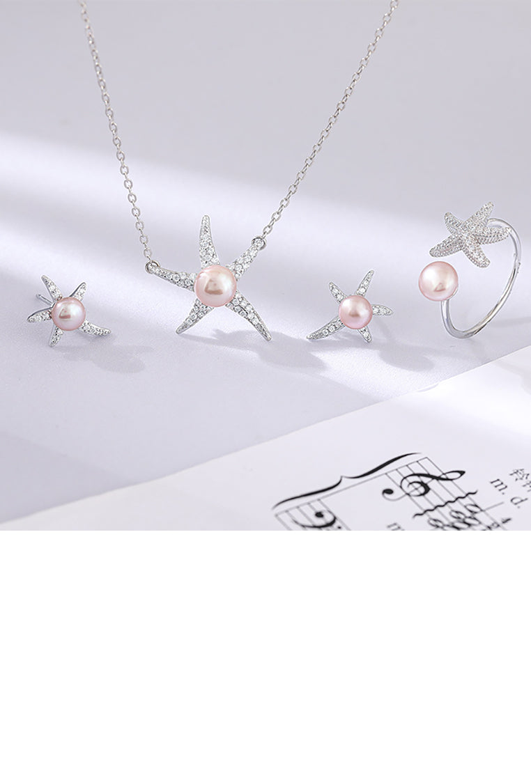 925 Sterling Silver Fashion Temperament Starfish Purple Freshwater Pearl Adjustable Open Ring with Cubic Zirconia - Luxurious Look