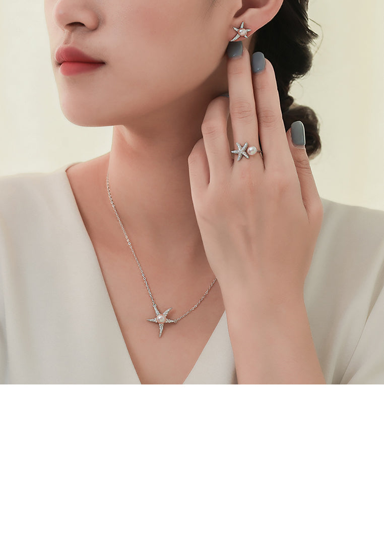 925 Sterling Silver Fashion Temperament Starfish Purple Freshwater Pearl Adjustable Open Ring with Cubic Zirconia - Luxurious Look