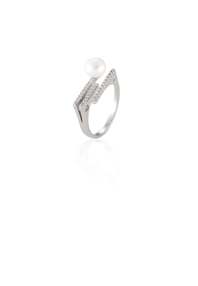 925 Sterling Silver Simple Temperament Geometric Rhombus White Freshwater Pearl Adjustable Opening Ring with Cubic Zirconia - Luxurious Look