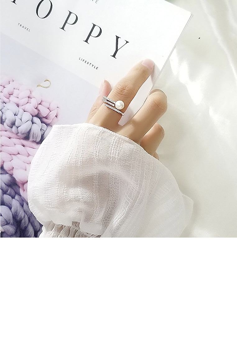 925 Sterling Silver Simple Temperament Geometric Rhombus White Freshwater Pearl Adjustable Opening Ring with Cubic Zirconia - Luxurious Look