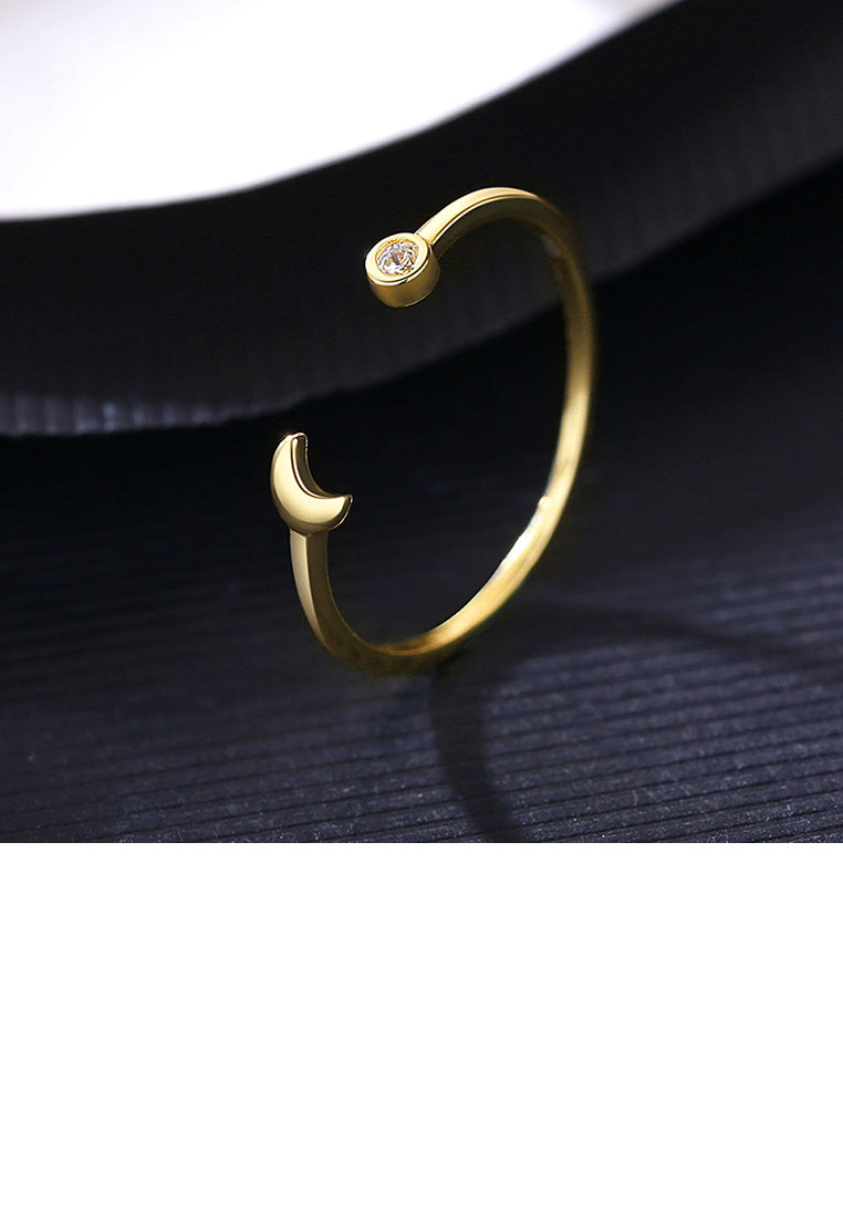 925 Sterling Silver Plated Gold Simple Temperament Moon Adjustable Opening Ring with Cubic Zirconia - Luxurious Look