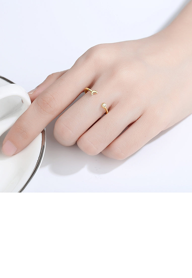 925 Sterling Silver Plated Gold Simple Temperament Moon Adjustable Opening Ring with Cubic Zirconia - Luxurious Look