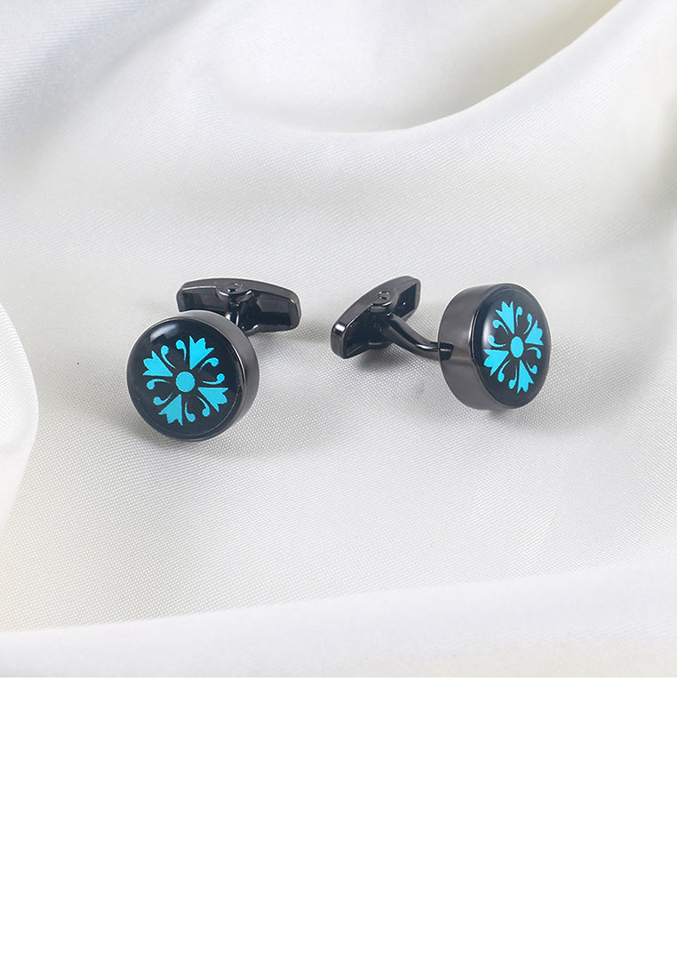 Fashion Simple Plated Black Blue Pattern Geometric Round Cufflinks