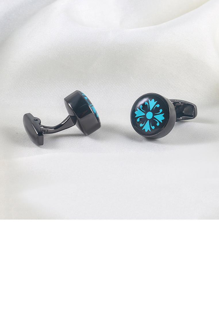 Fashion Simple Plated Black Blue Pattern Geometric Round Cufflinks