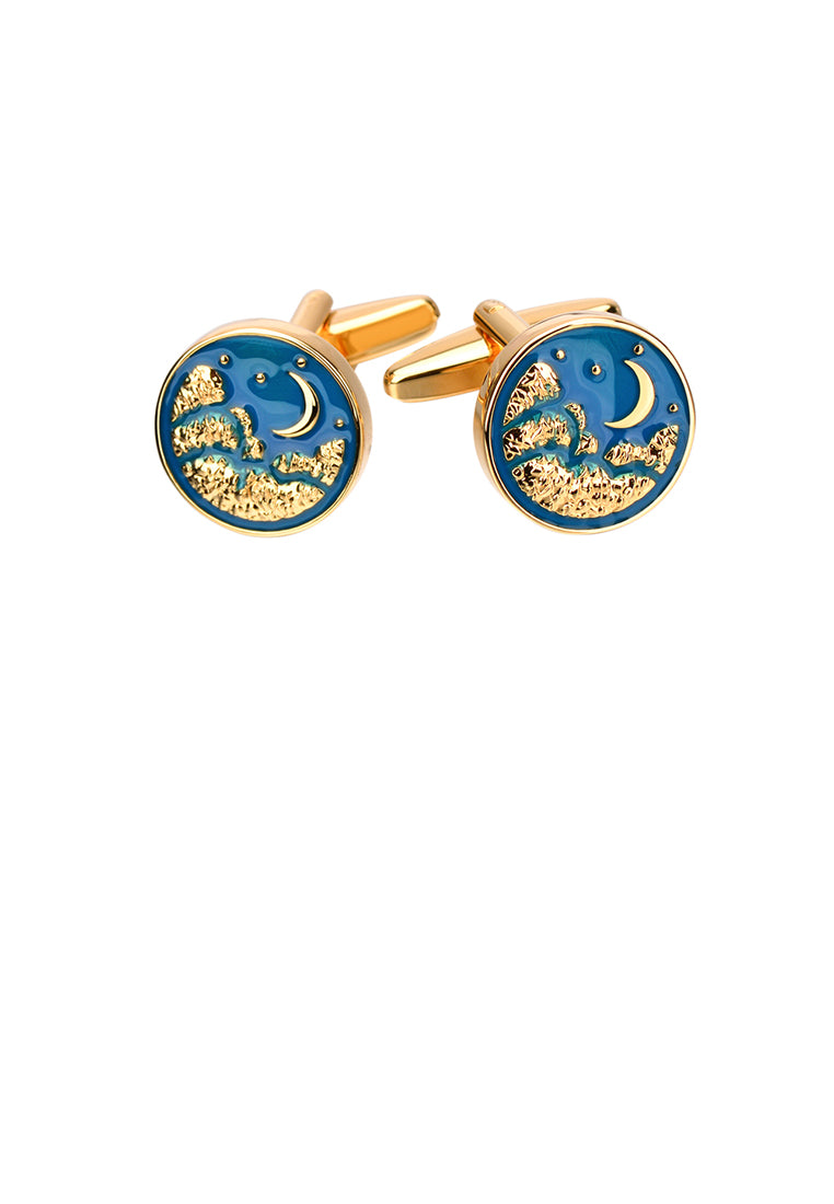 Fashion and Elegant Plated Gold Moon Enamel Blue Geometric Round Cufflinks