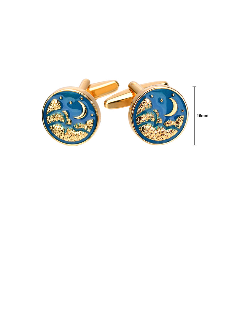 Fashion and Elegant Plated Gold Moon Enamel Blue Geometric Round Cufflinks