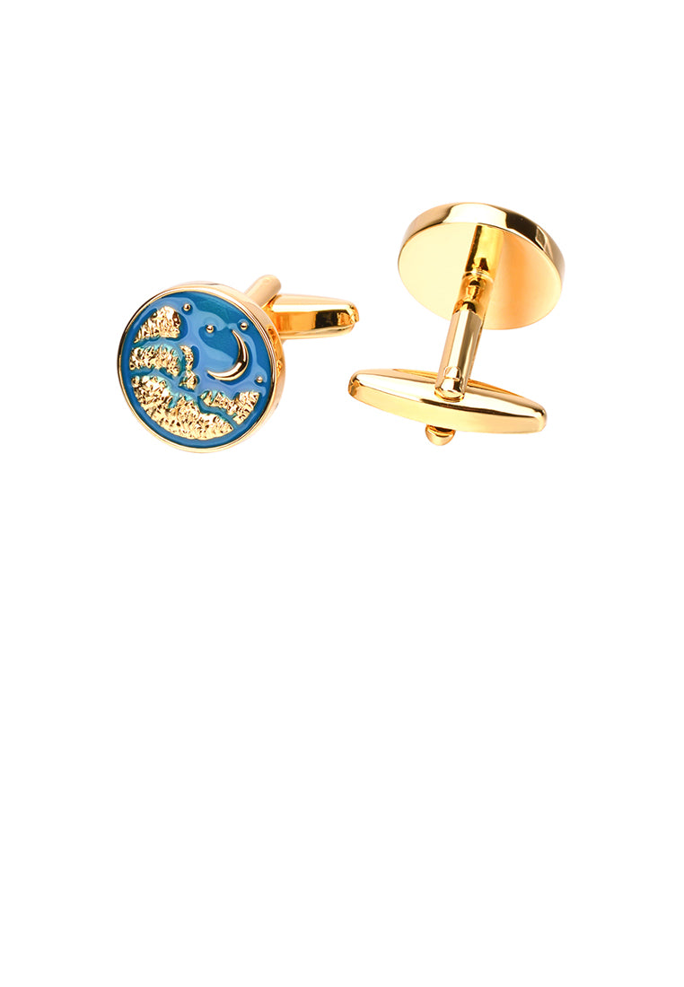 Fashion and Elegant Plated Gold Moon Enamel Blue Geometric Round Cufflinks