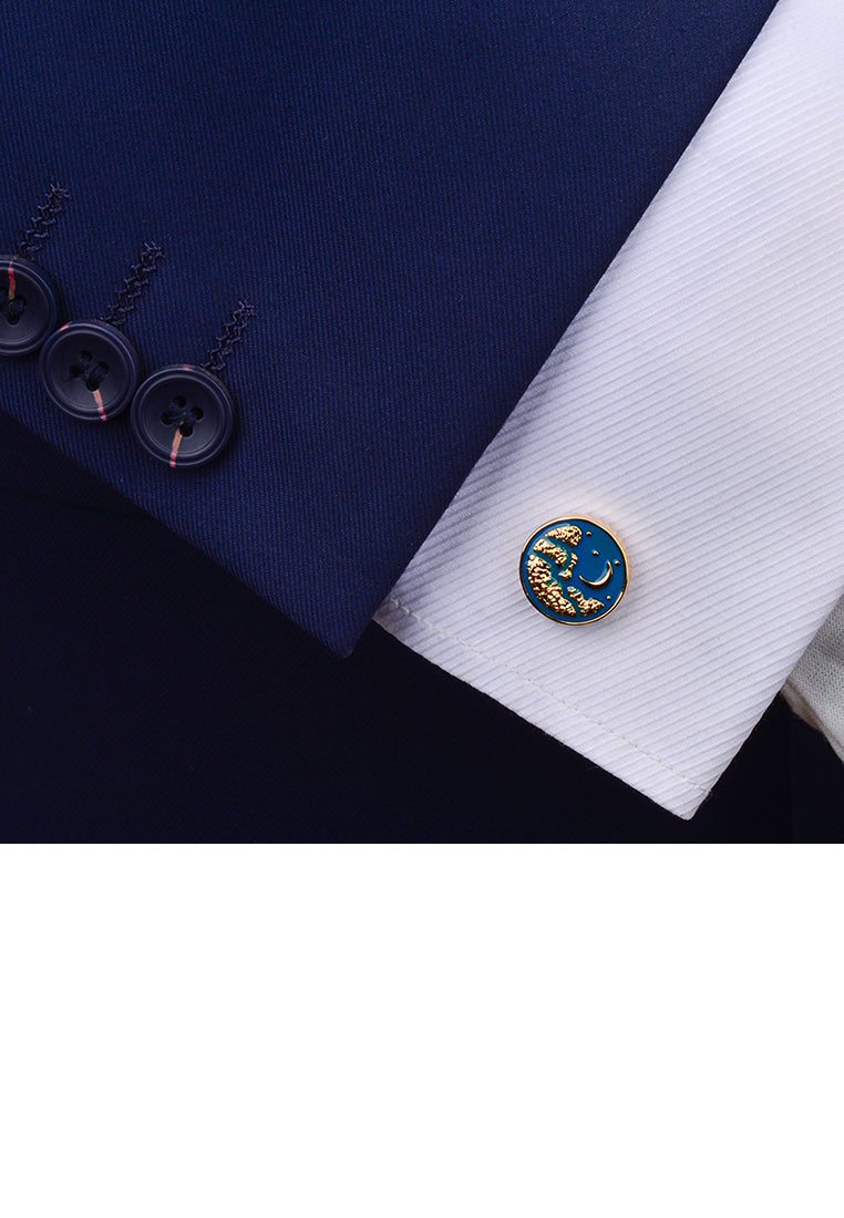 Fashion and Elegant Plated Gold Moon Enamel Blue Geometric Round Cufflinks