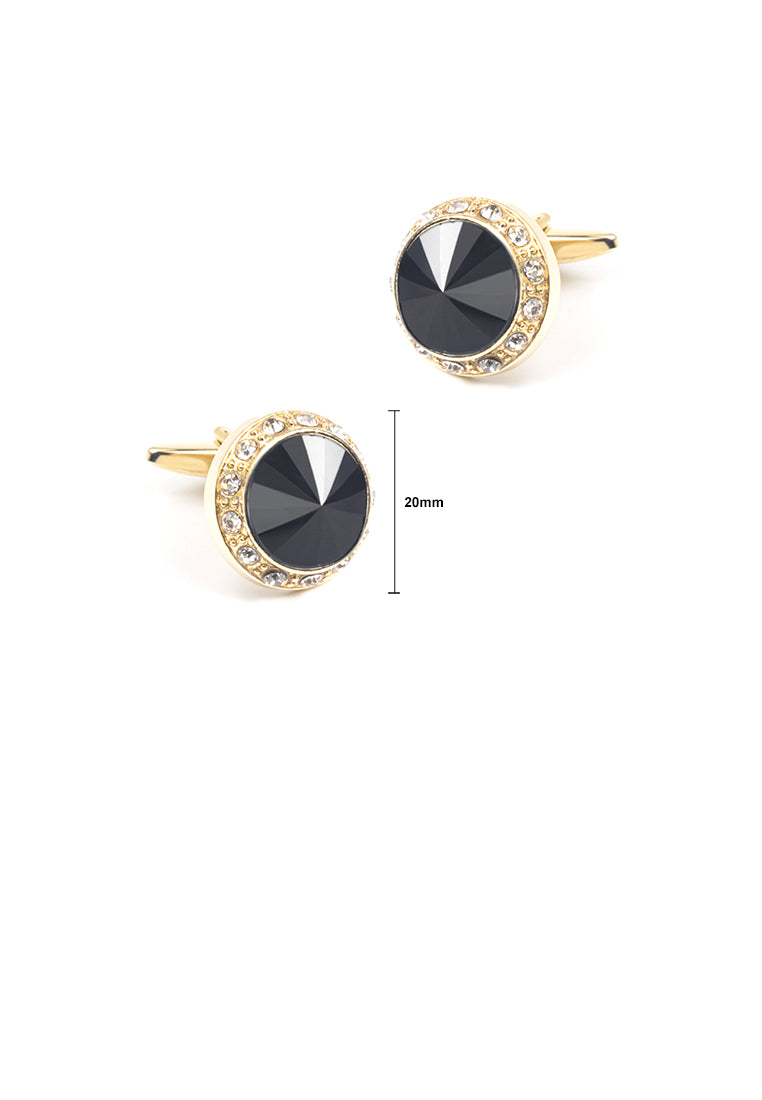 Fashion Simple Plated Gold Geometric Round Cufflinks with Black Cubic Zirconia - Luxurious Look