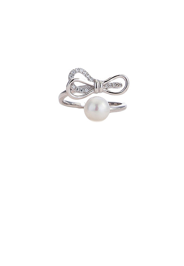 925 Sterling Silver Fashion Simple Ribbon Freshwater Pearl Adjustable Ring with Cubic Zirconia - Luxurious Look