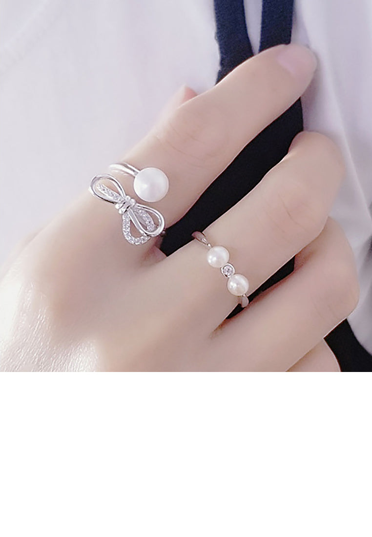 925 Sterling Silver Fashion Simple Ribbon Freshwater Pearl Adjustable Ring with Cubic Zirconia - Luxurious Look