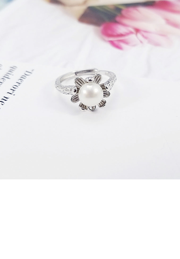 925 Sterling Silver Fashion Simple Flower Freshwater Pearl Adjustable Ring - Luxurious Look