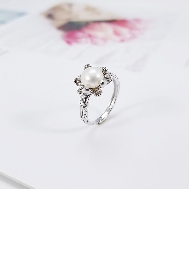 925 Sterling Silver Fashion Simple Flower Freshwater Pearl Adjustable Ring - Luxurious Look