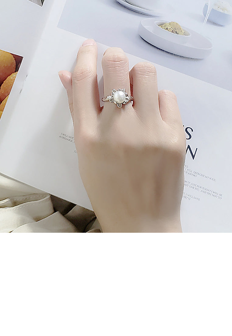 925 Sterling Silver Fashion Simple Flower Freshwater Pearl Adjustable Ring - Luxurious Look