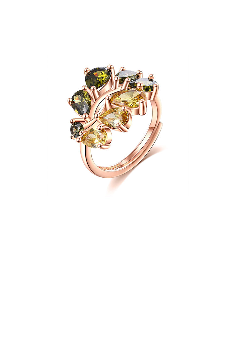 Fashion Temperament Plated Rose Gold Leaf Adjustable Ring with Green Cubic Zirconia - Luxurious Look
