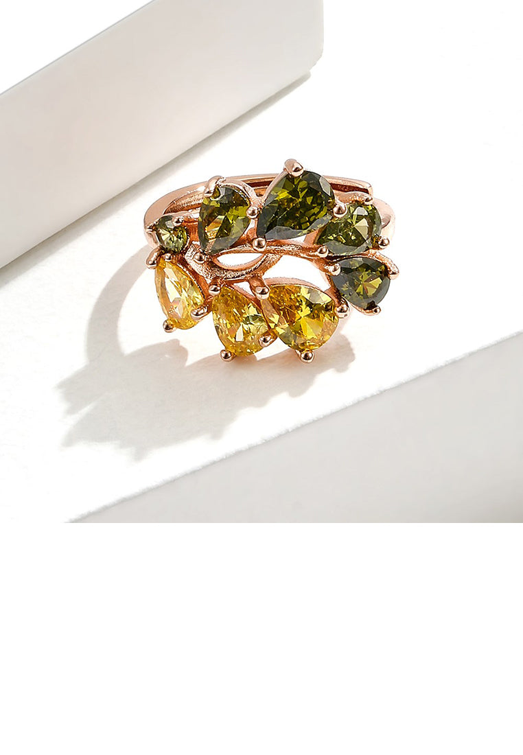 Fashion Temperament Plated Rose Gold Leaf Adjustable Ring with Green Cubic Zirconia - Luxurious Look