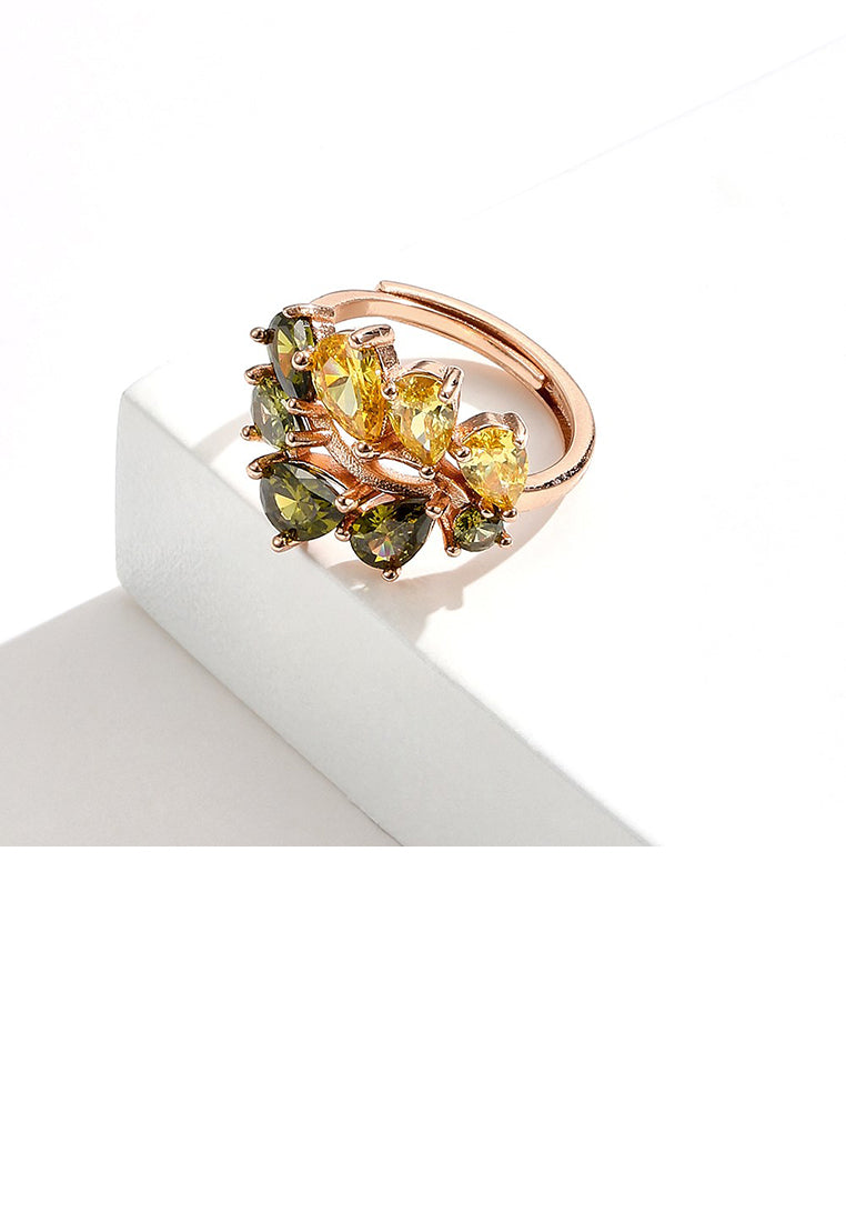 Fashion Temperament Plated Rose Gold Leaf Adjustable Ring with Green Cubic Zirconia - Luxurious Look