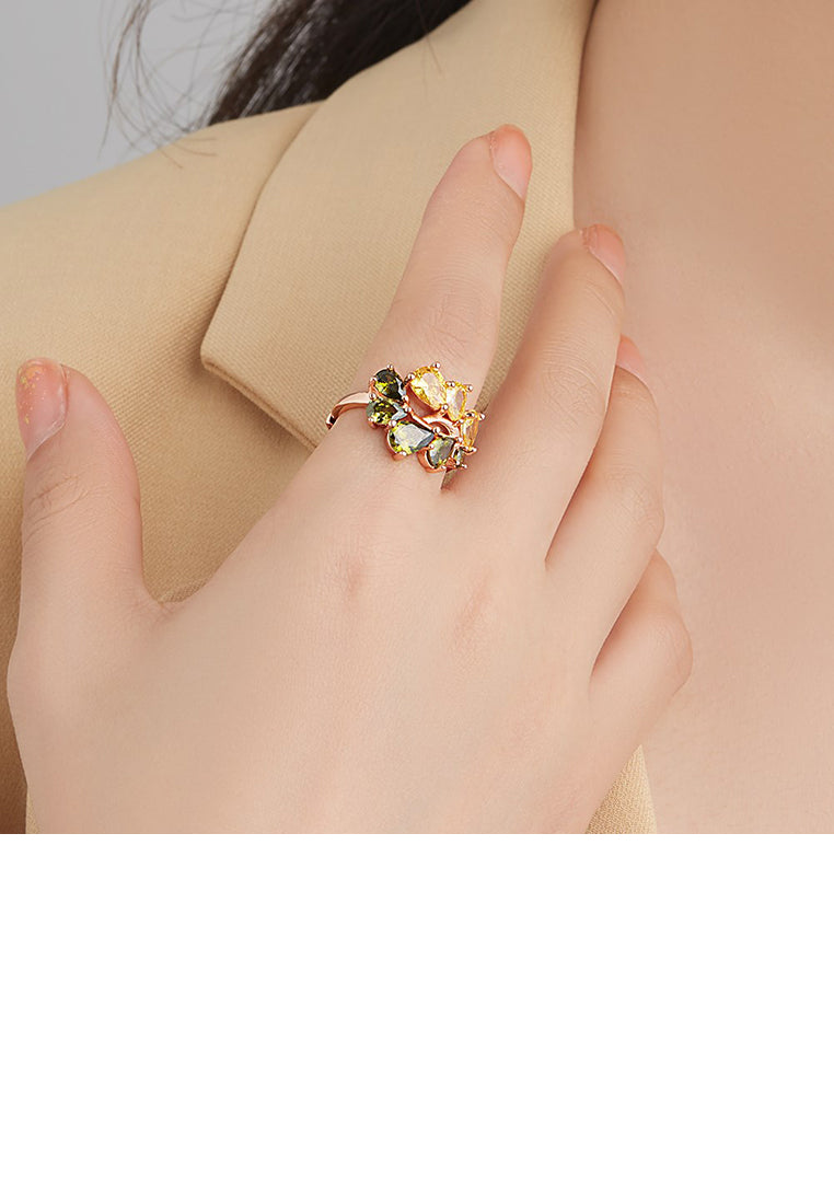 Fashion Temperament Plated Rose Gold Leaf Adjustable Ring with Green Cubic Zirconia - Luxurious Look