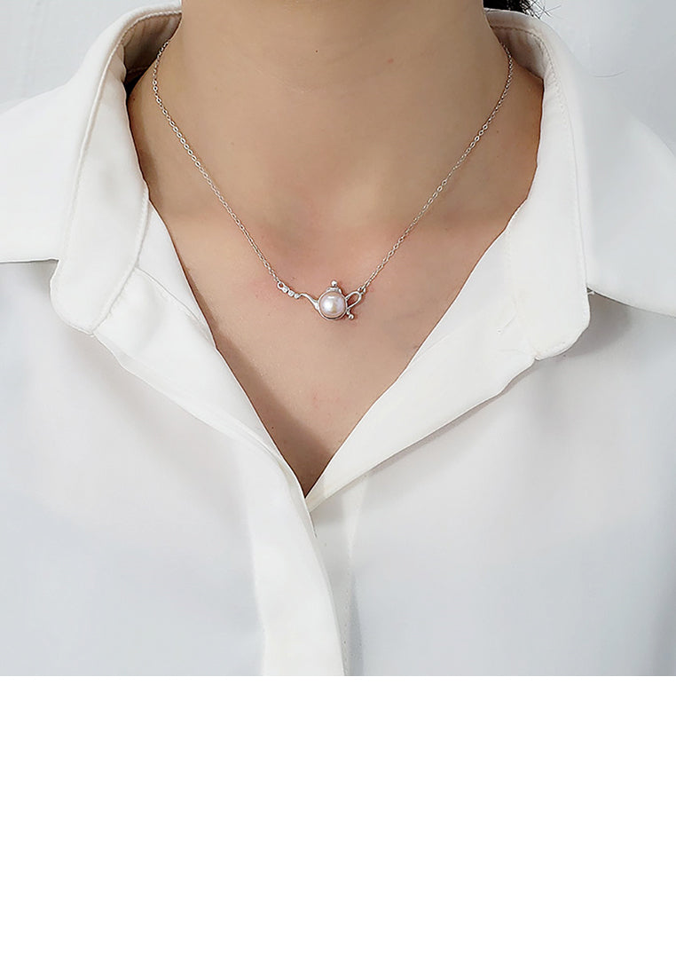 925 Sterling Silver Fashion Creative Teapot Freshwater Pearl Necklace - Luxurious Look