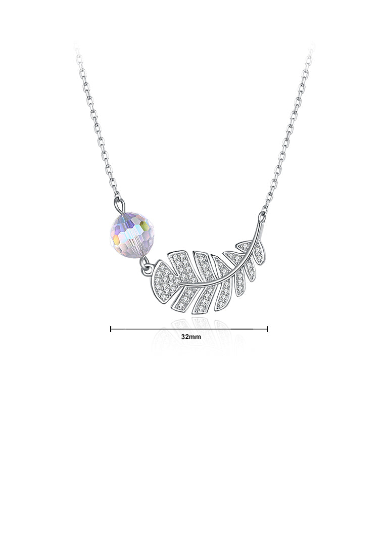 925 Sterling Silver Leaf Necklace with White Austrian Element Crystal