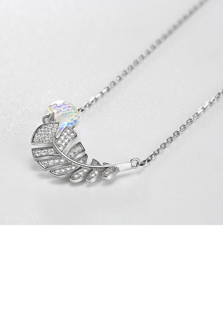 925 Sterling Silver Leaf Necklace with White Austrian Element Crystal