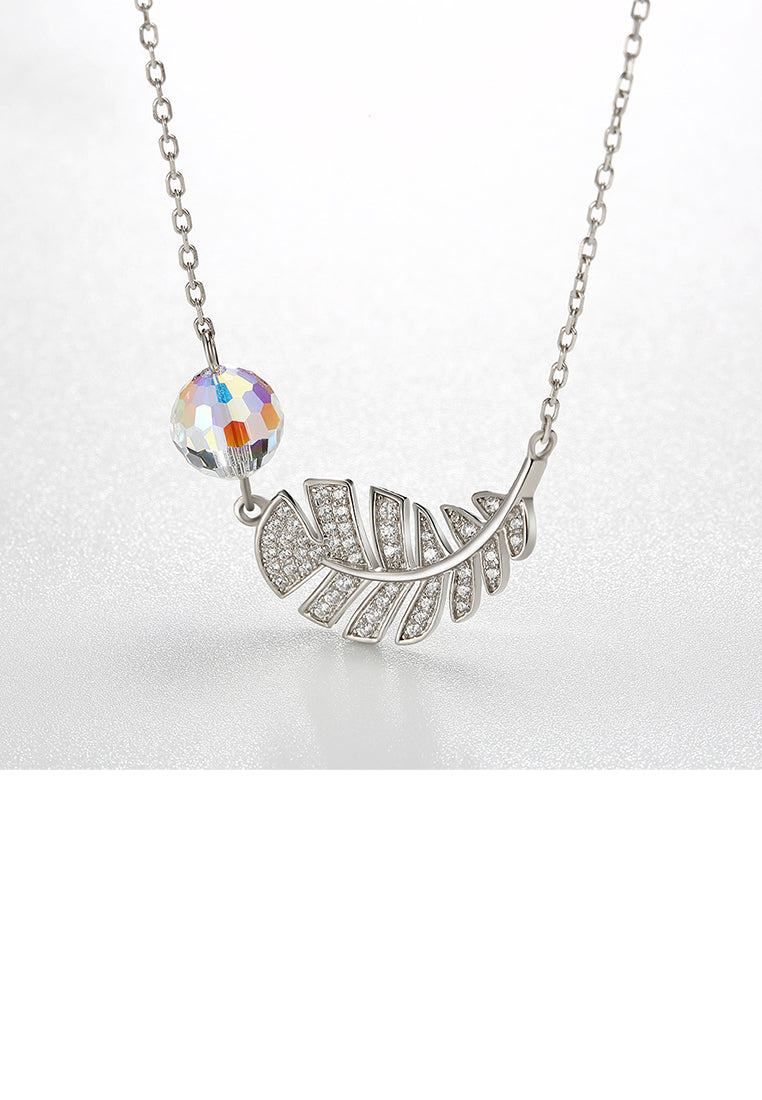 925 Sterling Silver Leaf Necklace with White Austrian Element Crystal