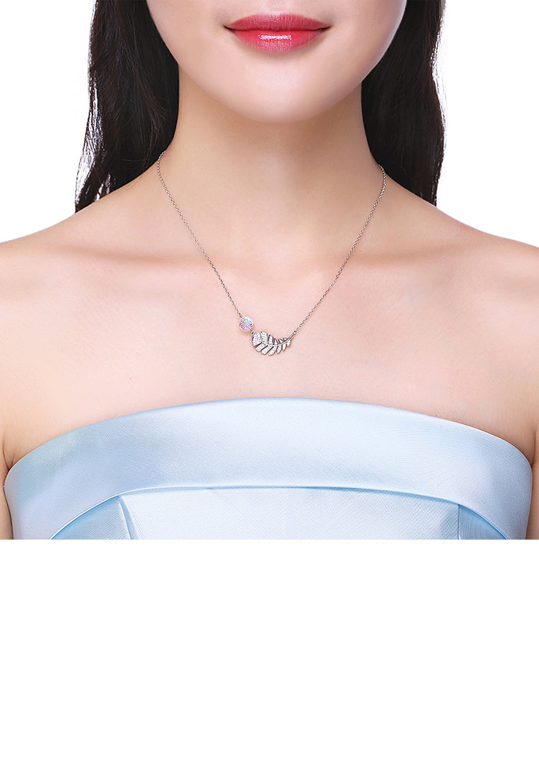 925 Sterling Silver Leaf Necklace with White Austrian Element Crystal