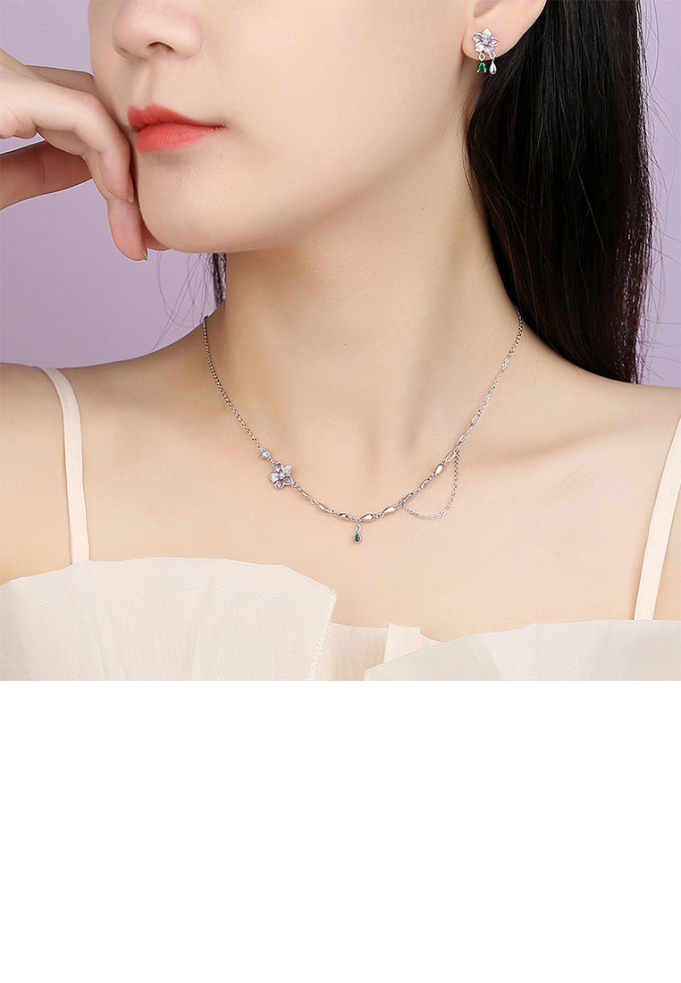 925 Sterling Silver Fashion Simple Flower Necklace with Cubic Zirconia - Luxurious Look