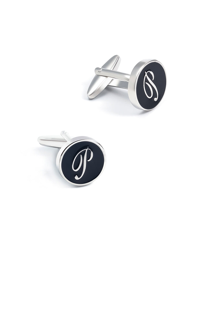 Fashion Simple English Alphabet P Black Geometric Round Cufflinks