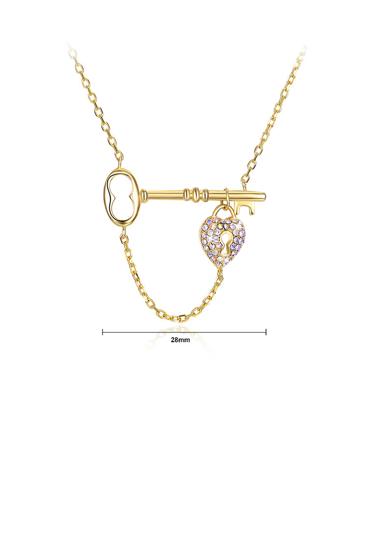 925 Sterling Silver Gold Plated Elegant Fashion Heart Lock and Key Necklace with Austrian Element Crystal