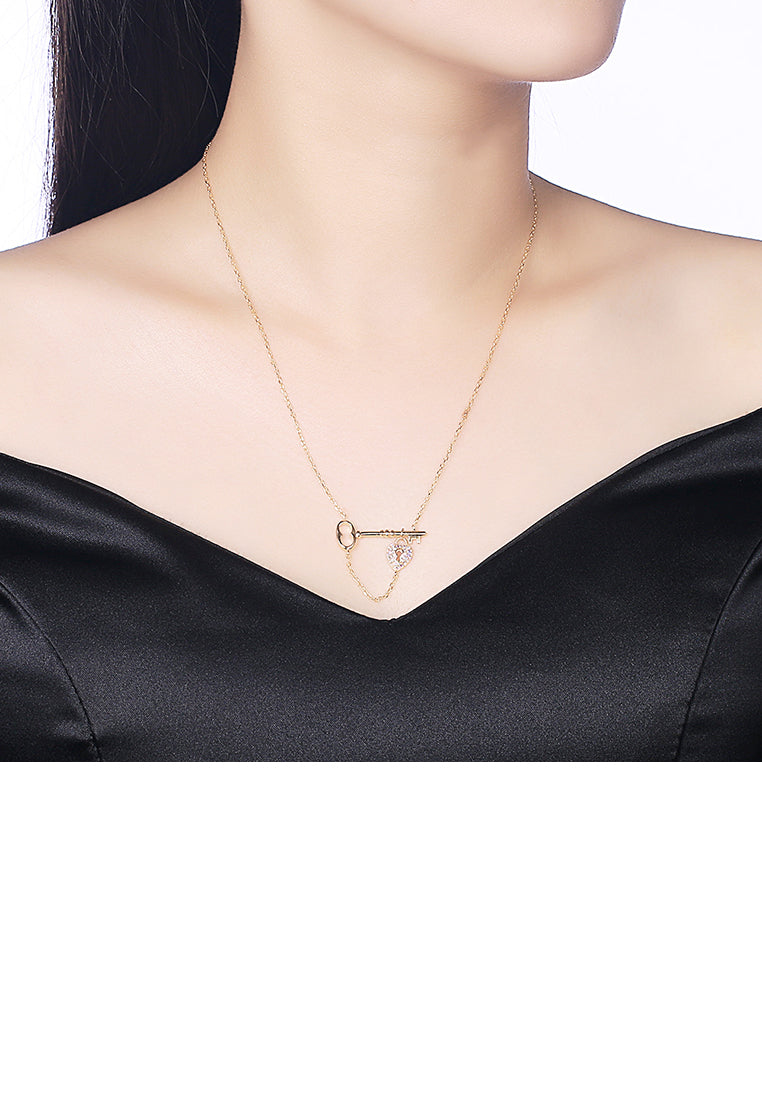 925 Sterling Silver Gold Plated Elegant Fashion Heart Lock and Key Necklace with Austrian Element Crystal