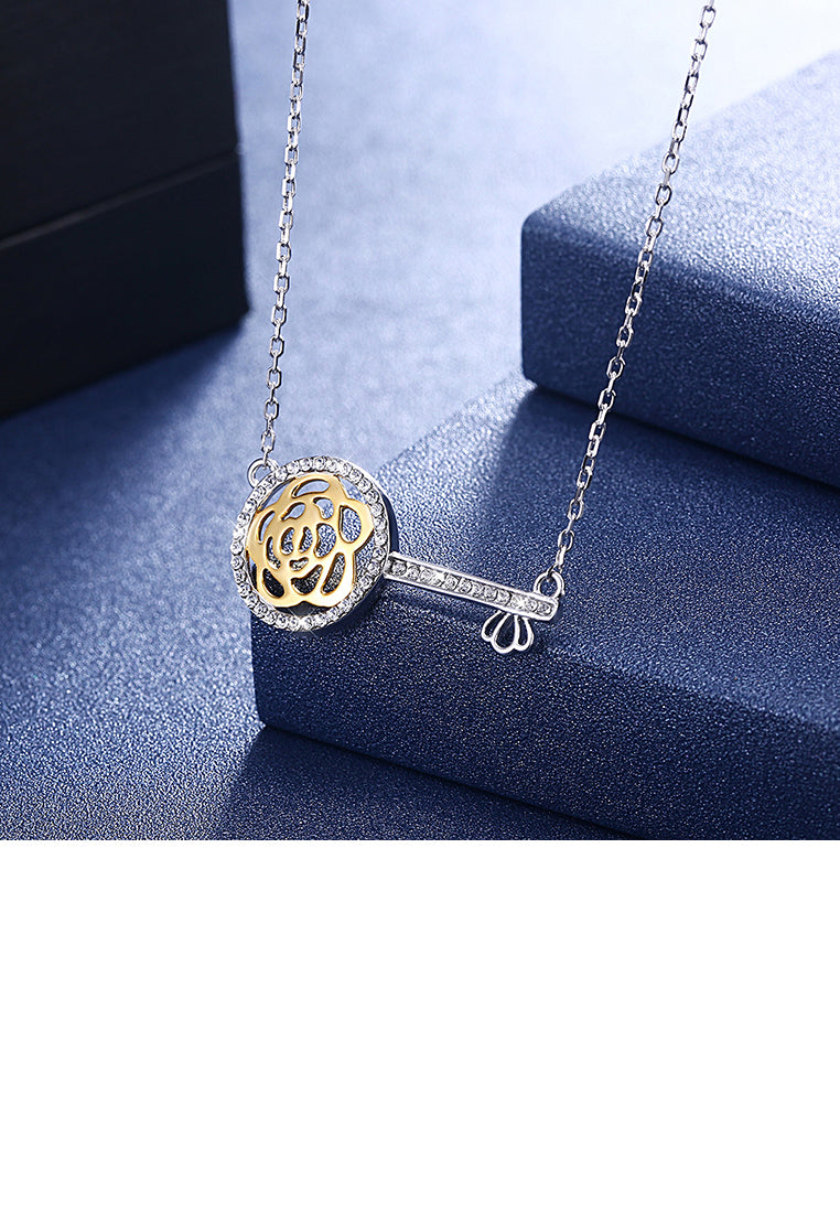925 Sterling Silver Key Necklace with Austrian Element Crystal and Necklace