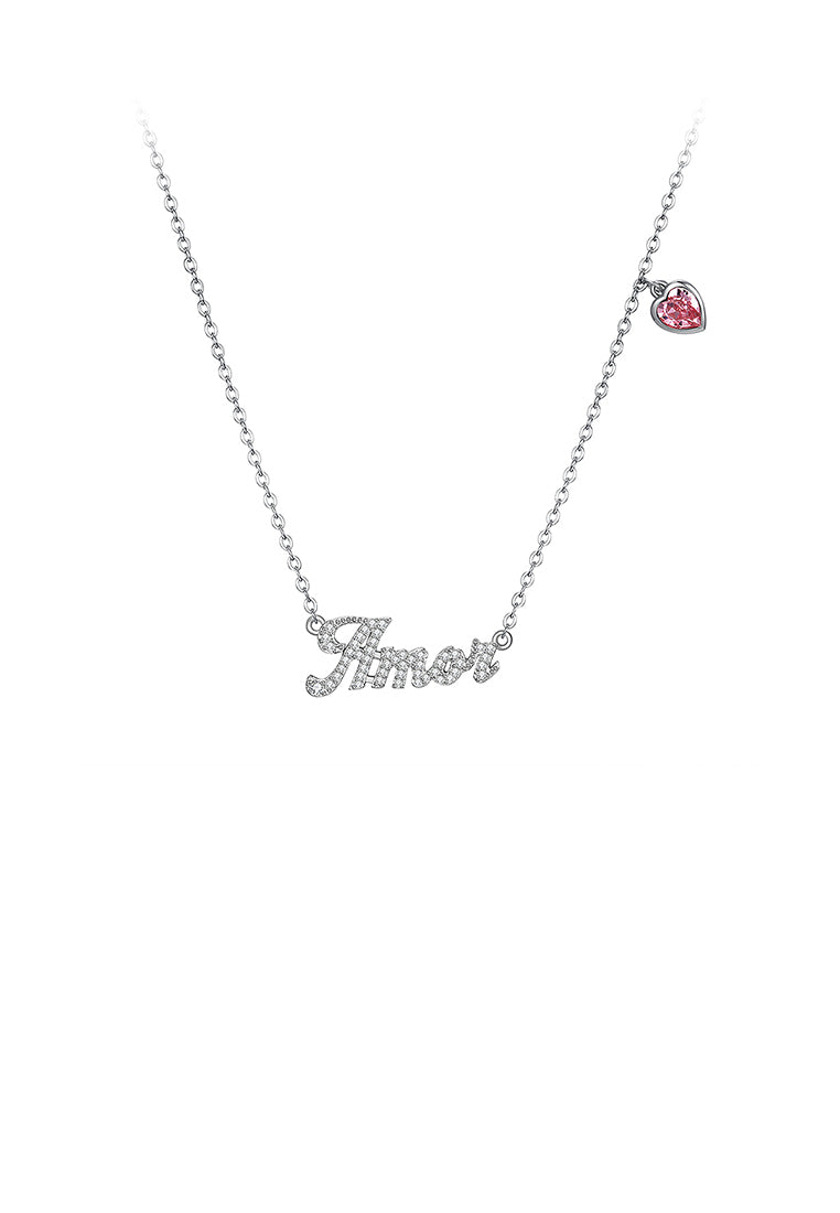 925 Sterling Silver Letter Amor and Red Heart Necklace with Austrian Element Crystal - Vibrant Color