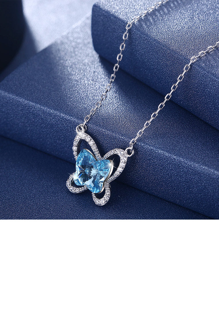 925 Sterling Silver Fashion Elegant Butterfly Necklace with Blue Austrian Element Crystal