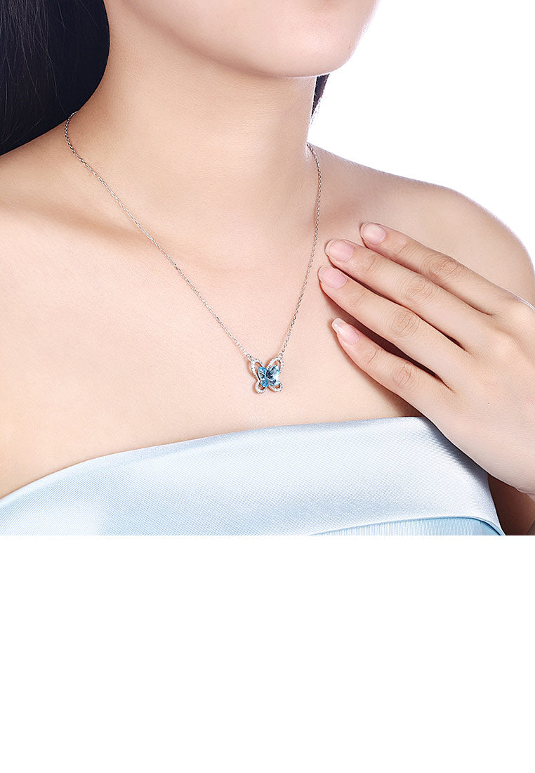 925 Sterling Silver Fashion Elegant Butterfly Necklace with Blue Austrian Element Crystal