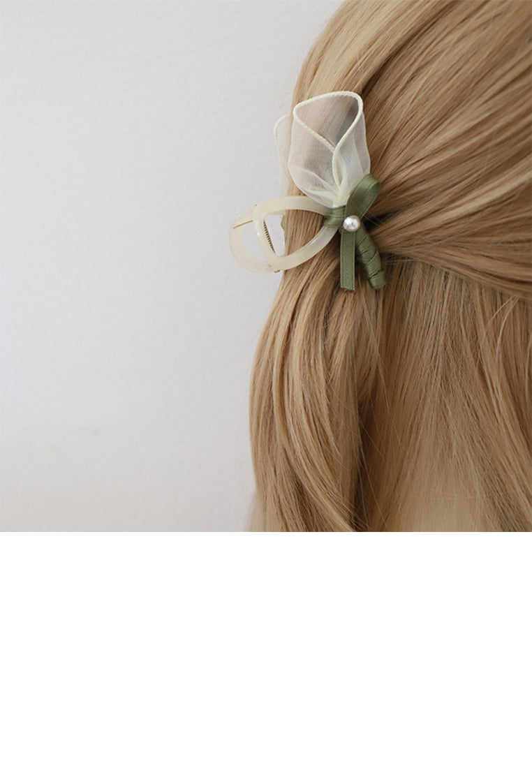 Fashion Temperament White Floral Ribbon Geometric Hair Claw With Imitation Pearls - Elegant Hairpiece