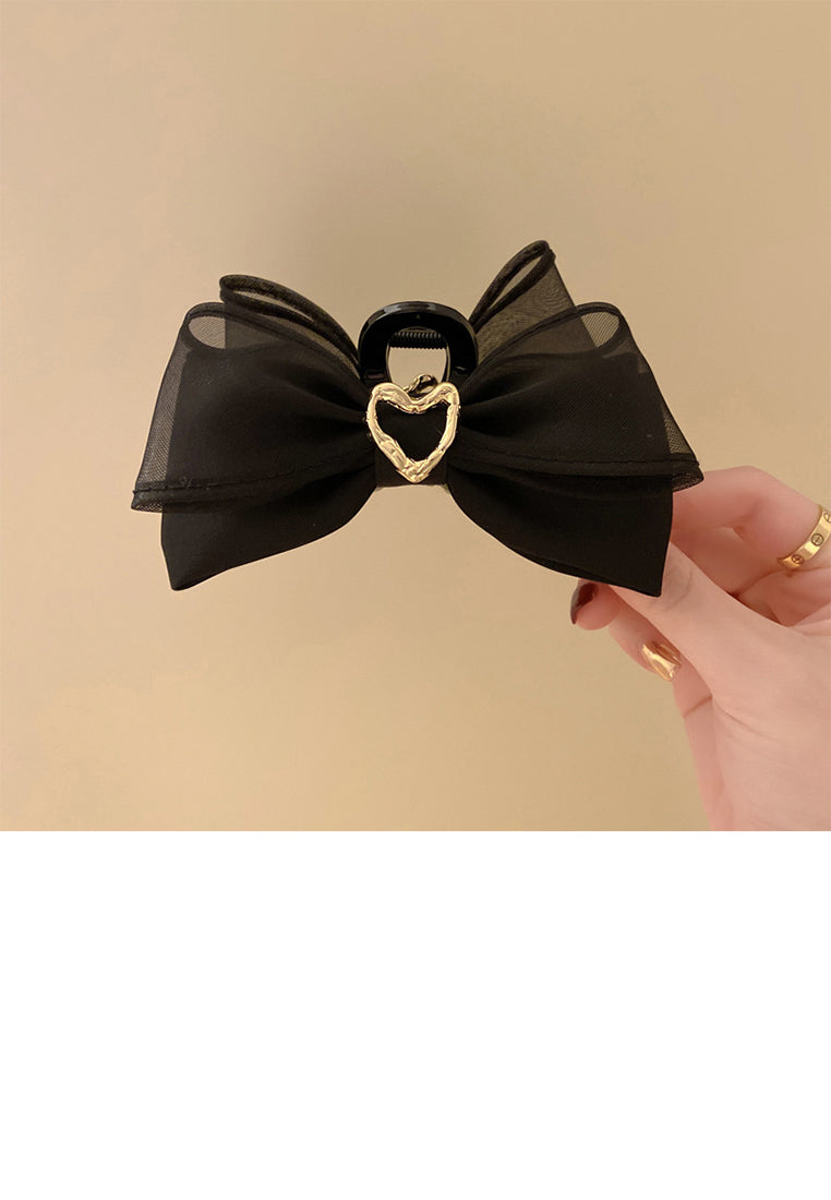Fashion And Simple Heart-Shaped Black Mesh Ribbon Hair Claw - Elegant Hairpiece