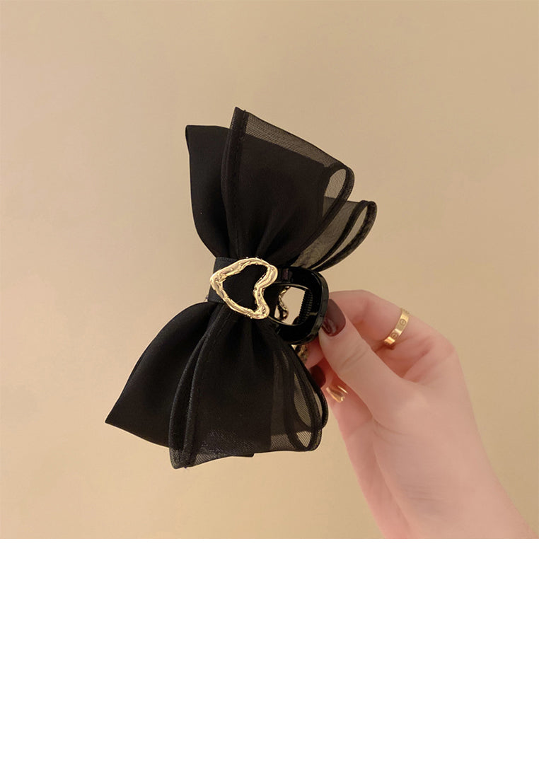Fashion And Simple Heart-Shaped Black Mesh Ribbon Hair Claw - Elegant Hairpiece