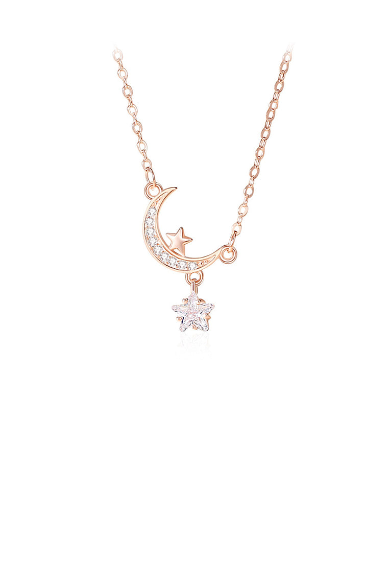 925 Sterling Silver Plated Rose Gold Fashion Temperament Moon Star Pendant with Cubic Zirconia and Necklace - Luxurious Look