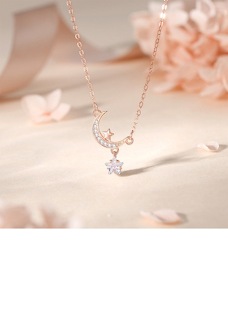925 Sterling Silver Plated Rose Gold Fashion Temperament Moon Star Pendant with Cubic Zirconia and Necklace - Luxurious Look