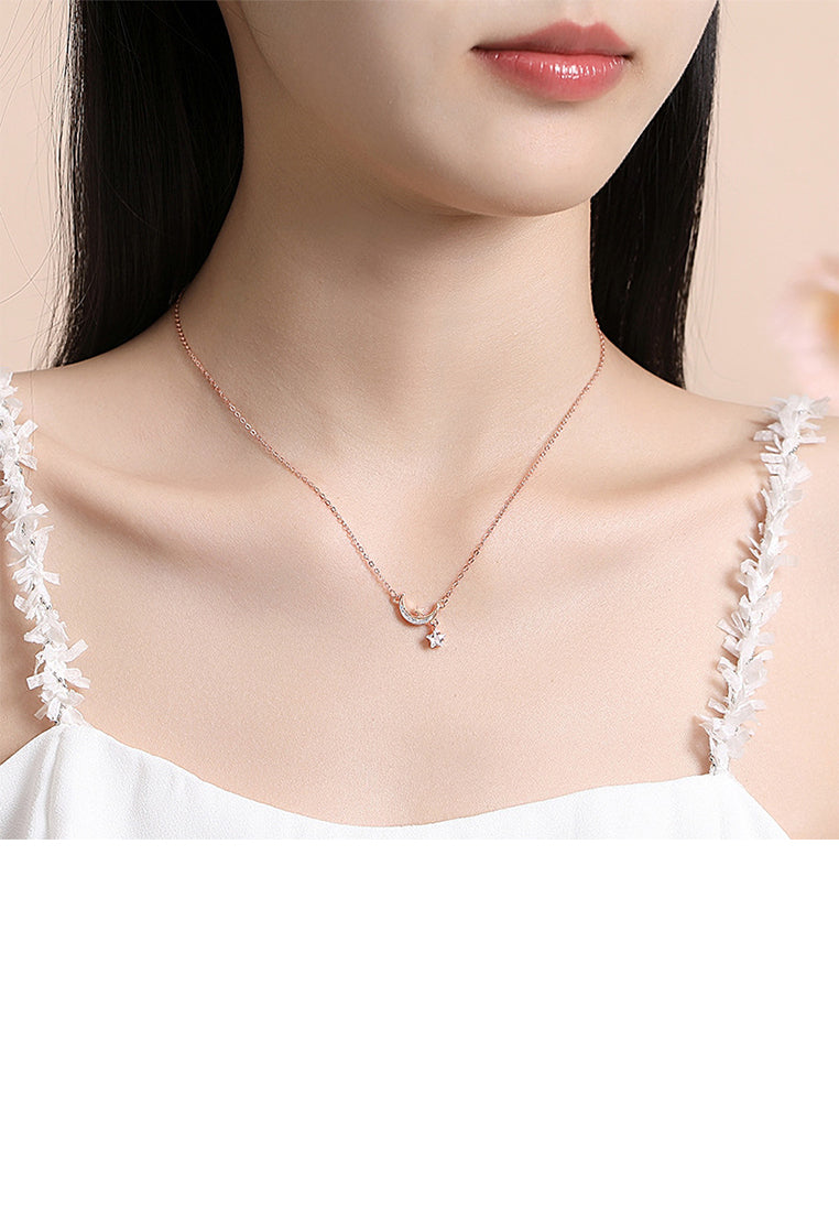 925 Sterling Silver Plated Rose Gold Fashion Temperament Moon Star Pendant with Cubic Zirconia and Necklace - Luxurious Look