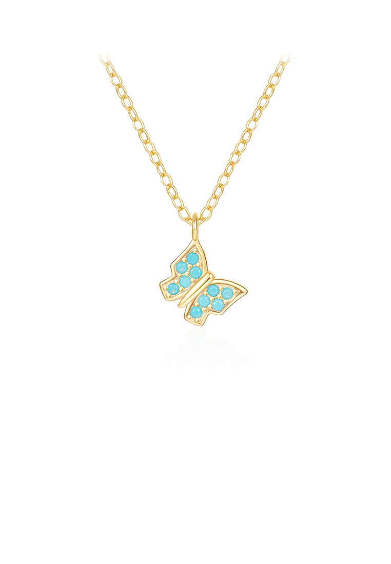 925 Sterling Silver Plated Gold Fashion Simple Butterfly Pendant with Imitation Turquoise and Necklace