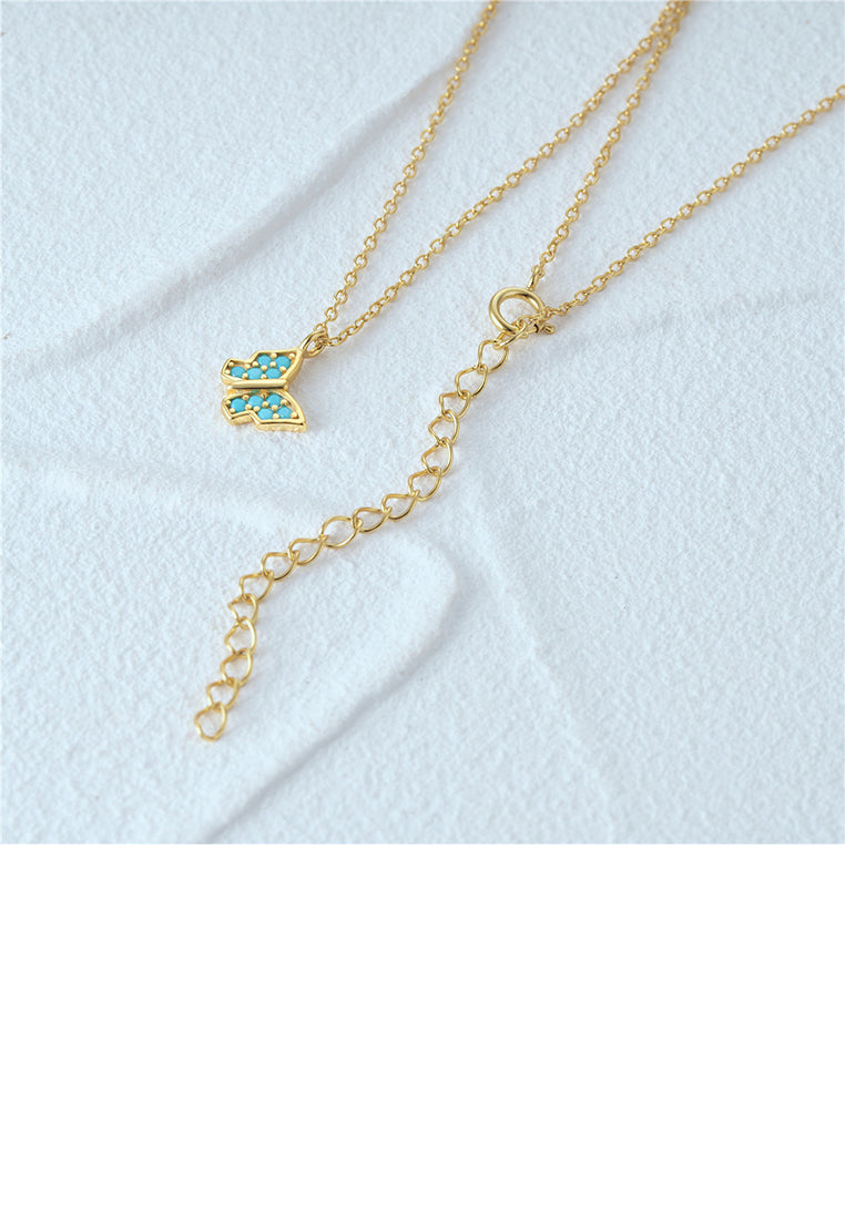 925 Sterling Silver Plated Gold Fashion Simple Butterfly Pendant with Imitation Turquoise and Necklace