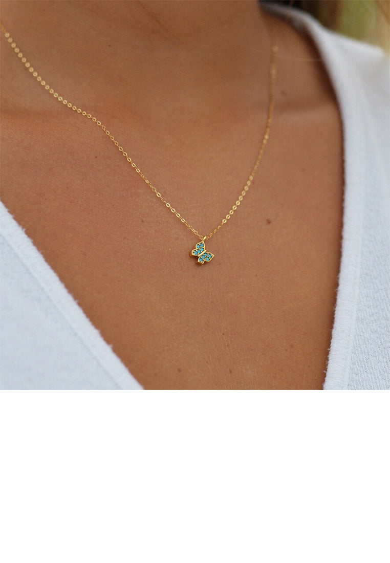 925 Sterling Silver Plated Gold Fashion Simple Butterfly Pendant with Imitation Turquoise and Necklace