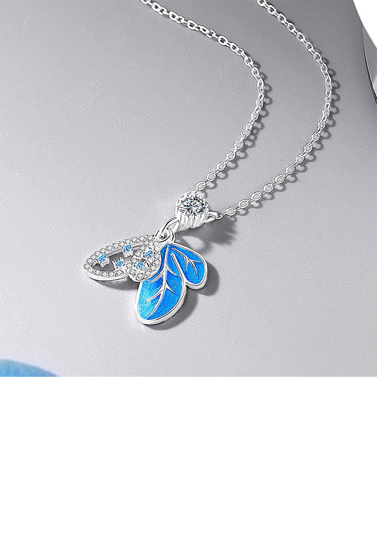 925 Sterling Silver Fashion Temperament Enamel Blue Butterfly Pendant with Cubic Zirconia and Necklace - Luxurious Look