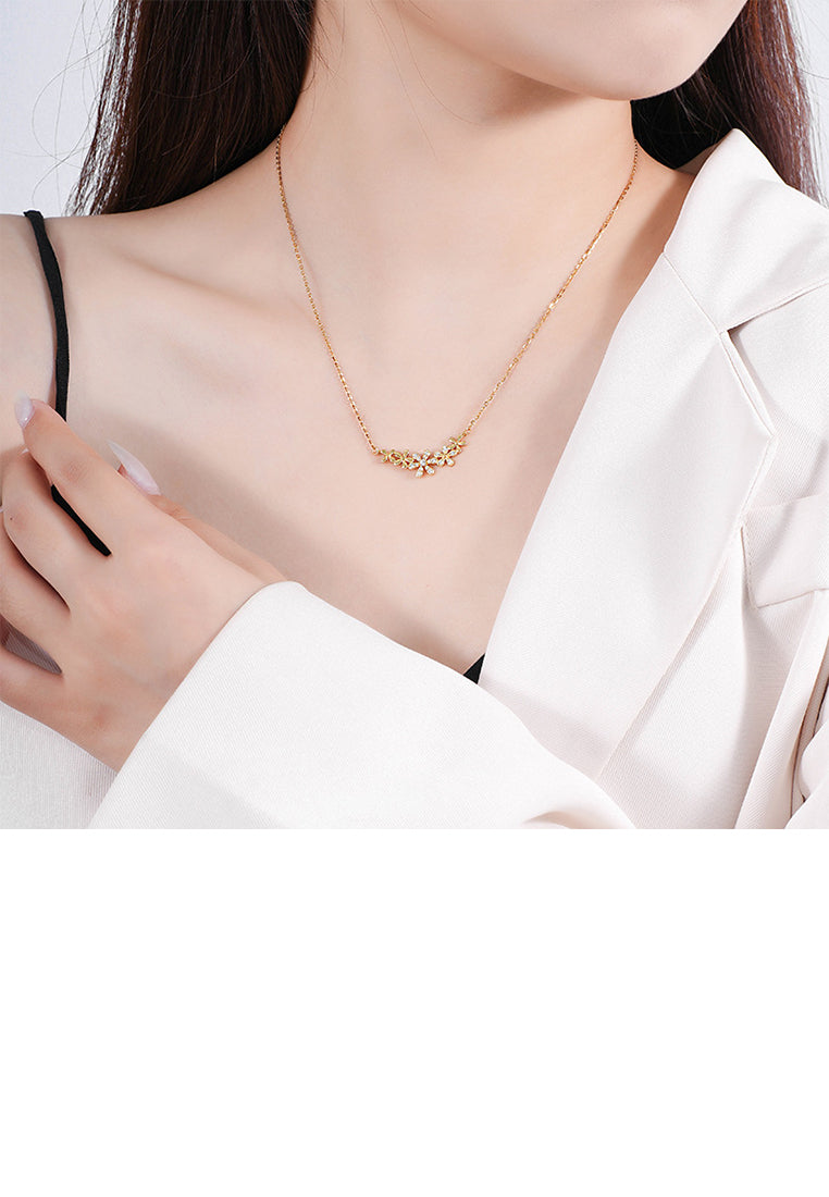 925 Sterling Silver Plated Gold Fashion and Elegant Flower Pendant with Cubic Zirconia and Necklace - Luxurious Look