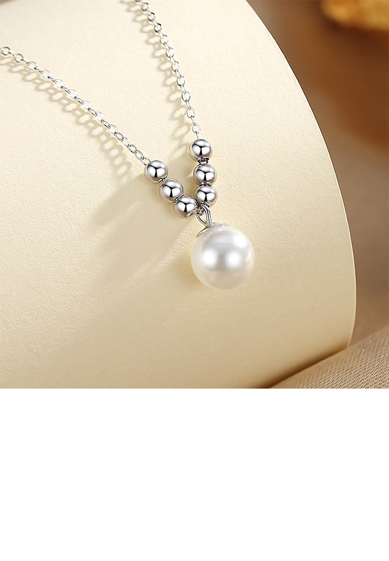 925 Sterling Silver Simple and Elegant Imitation Pearl Beaded Pendant with Necklace - Luxurious Look