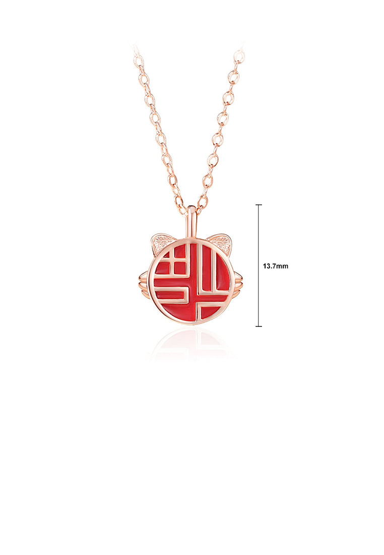 925 Sterling Silver Plated Rose Gold Fashion Vintage Cat Imitation Agate Pendant with Necklace